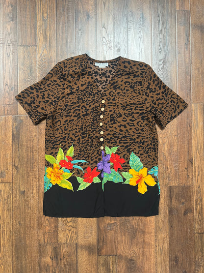 Vintage Clothing - Button Up Casual Shirt - Leopard Print with Tropical Florals - Sharon Anthony - Made In U.S.A. - Medium