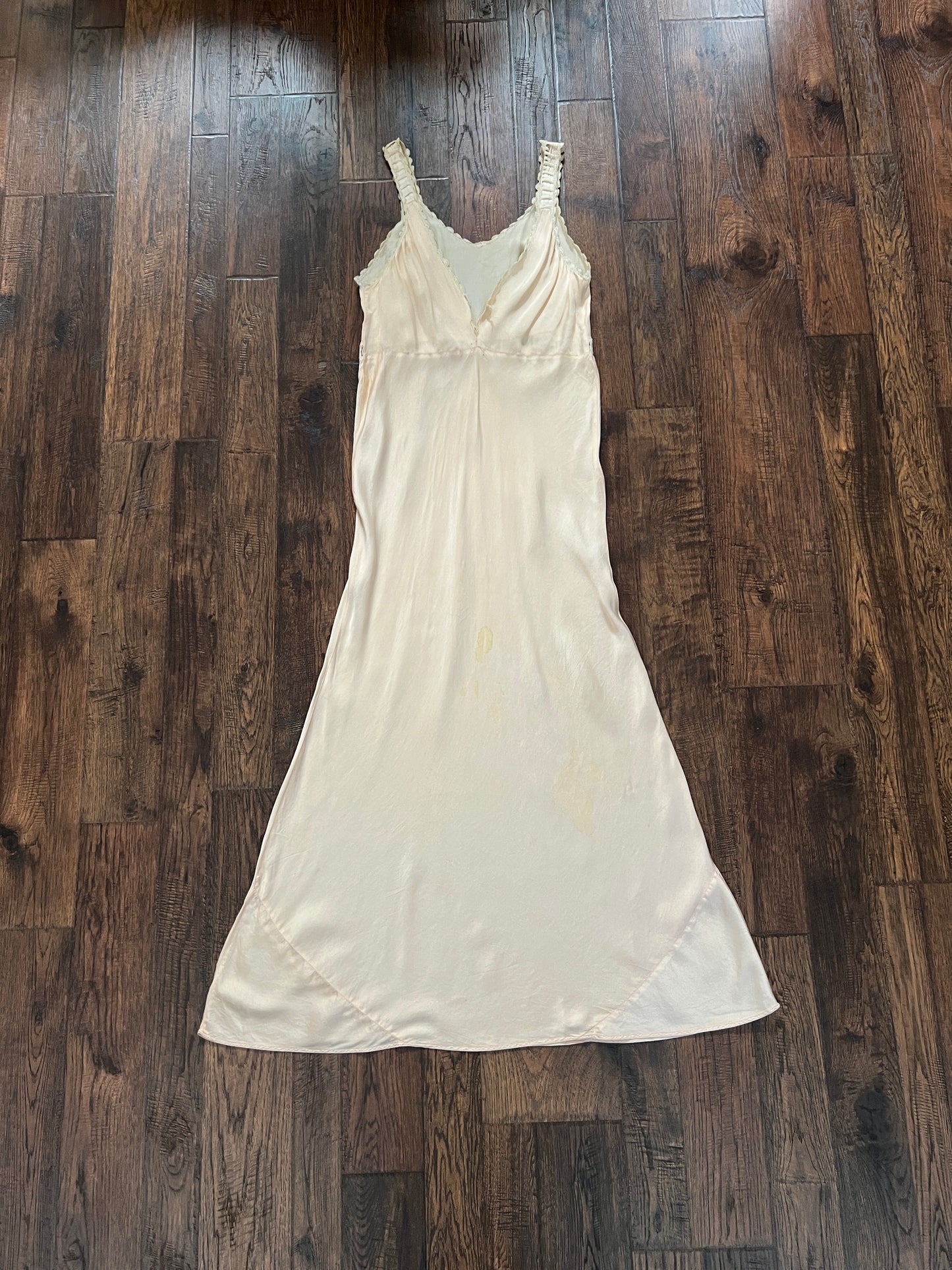Vintage 1940s Slip Dress Nightgown - Baby Pink Satin Bias Cut with Lace Trim - Small