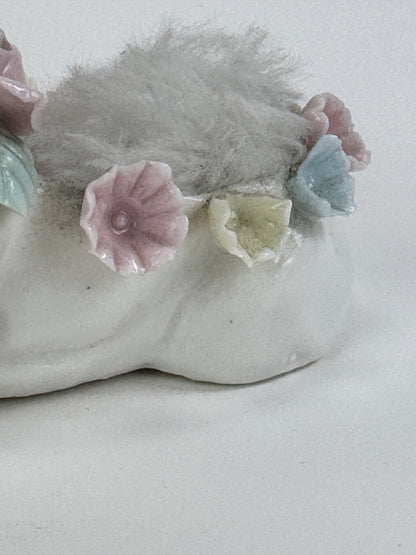 Vintage White Dachshund Dog Porcelain Pin Cushion - Blue Yellow Pink Flowers