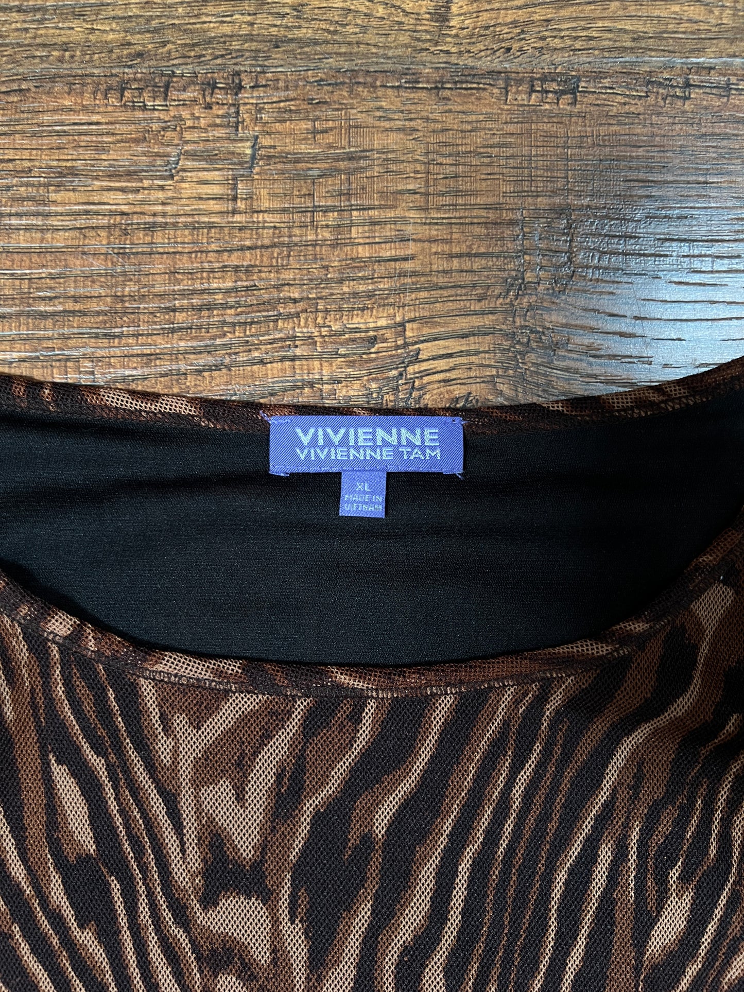Vintage Vivienne Tam Mesh Long Sleeve Top - Brown Tiger Stripe Layered - Size X-Large
