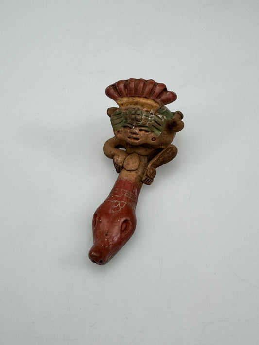 Vintage Mexican Folk Art Handmade Pottery - Hand Pipe with Painted Snake