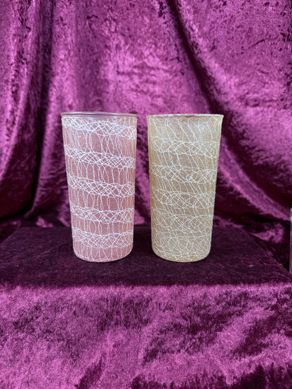 Vintage Frosted Glass Tumbler Set – White Spaghetti Overlay Pink & Yellow Pair