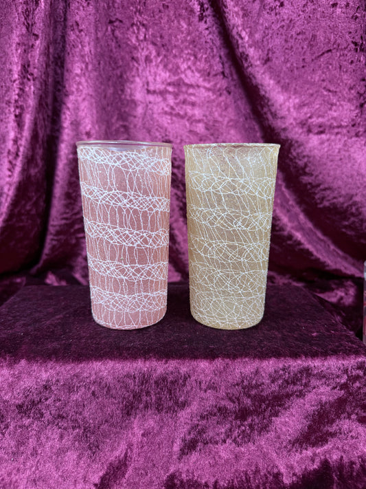 Vintage Frosted Glass Tumbler Set – White Spaghetti Overlay Pink & Yellow Pair