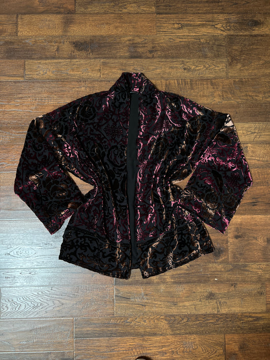 Vintage Style Velvet Burnout Drape Cardigan - The Kooples Burgundy Gold Florals - Size Medium