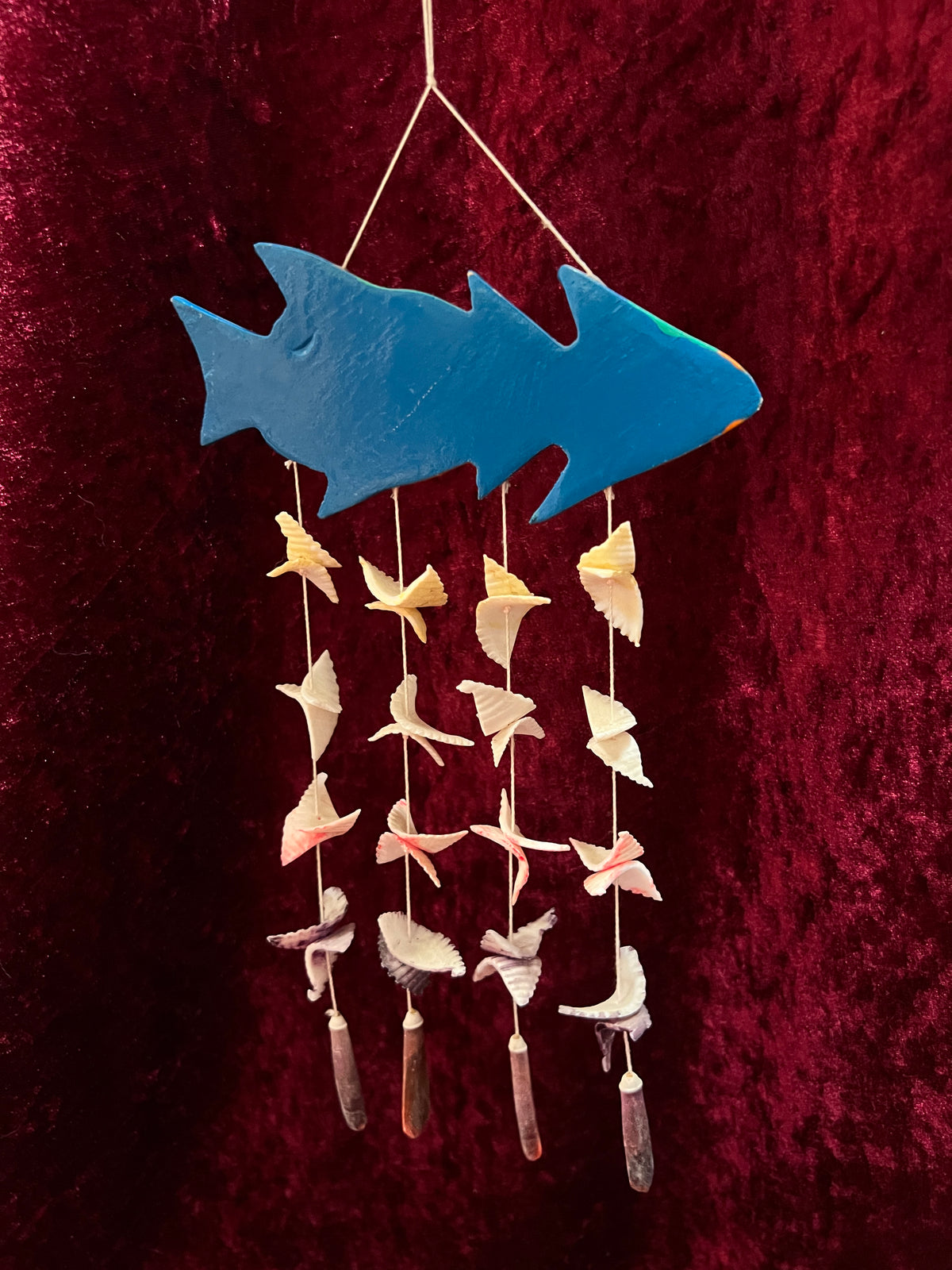 Vintage Wood Fish Wind Chime - Hand Painted Tropical Fish Seashell Mobile
