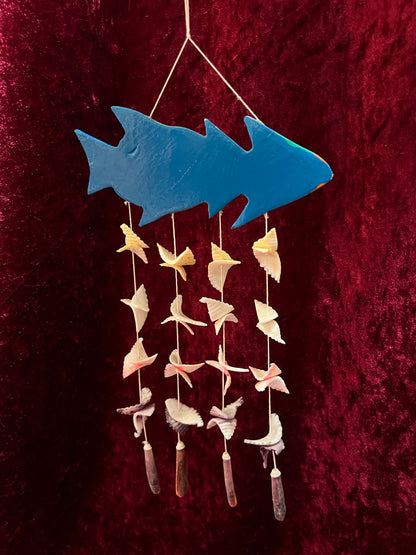 Vintage Wood Fish Wind Chime - Hand Painted Tropical Fish Seashell Mobile