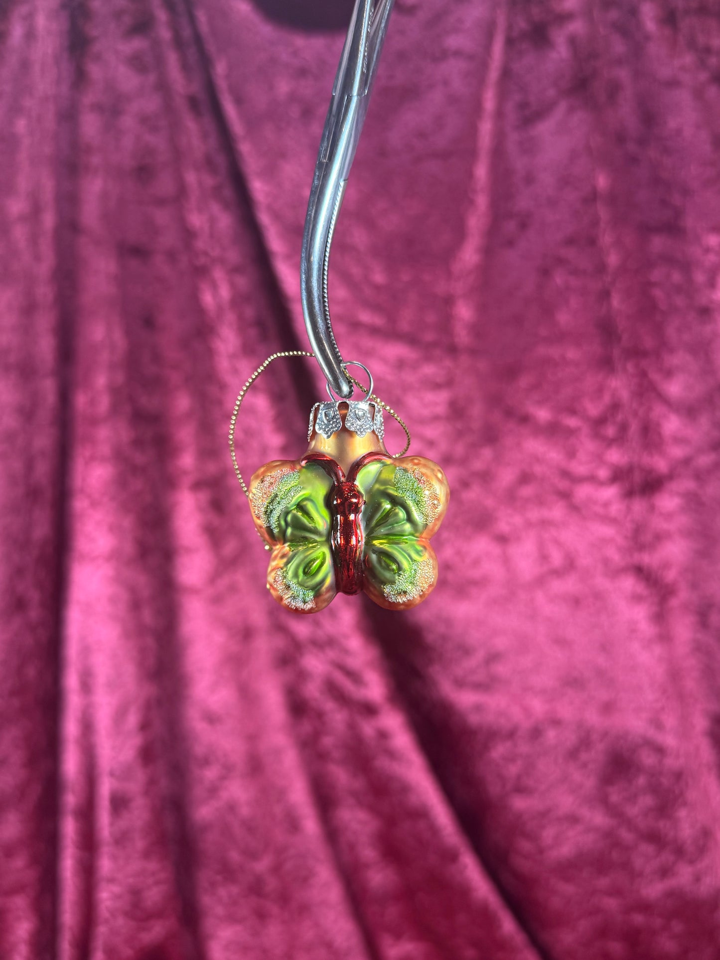 Vintage Christmas - Handblown Glass Ornament - Green and Red Butterfly - 1.75"