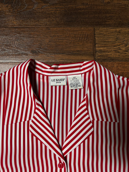 Vintage Liz Baker Petite Polyester Blouse – Red & White Striped Button Up – Large