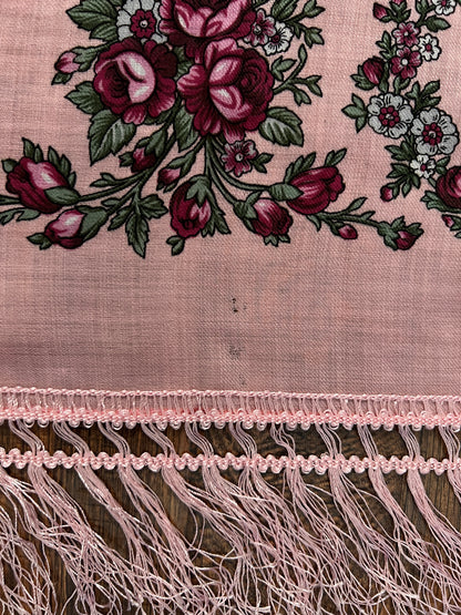 Vintage Kashmir Woole Floral Fringe Scarf - Pink Rose Square Wrap Bohemian Style