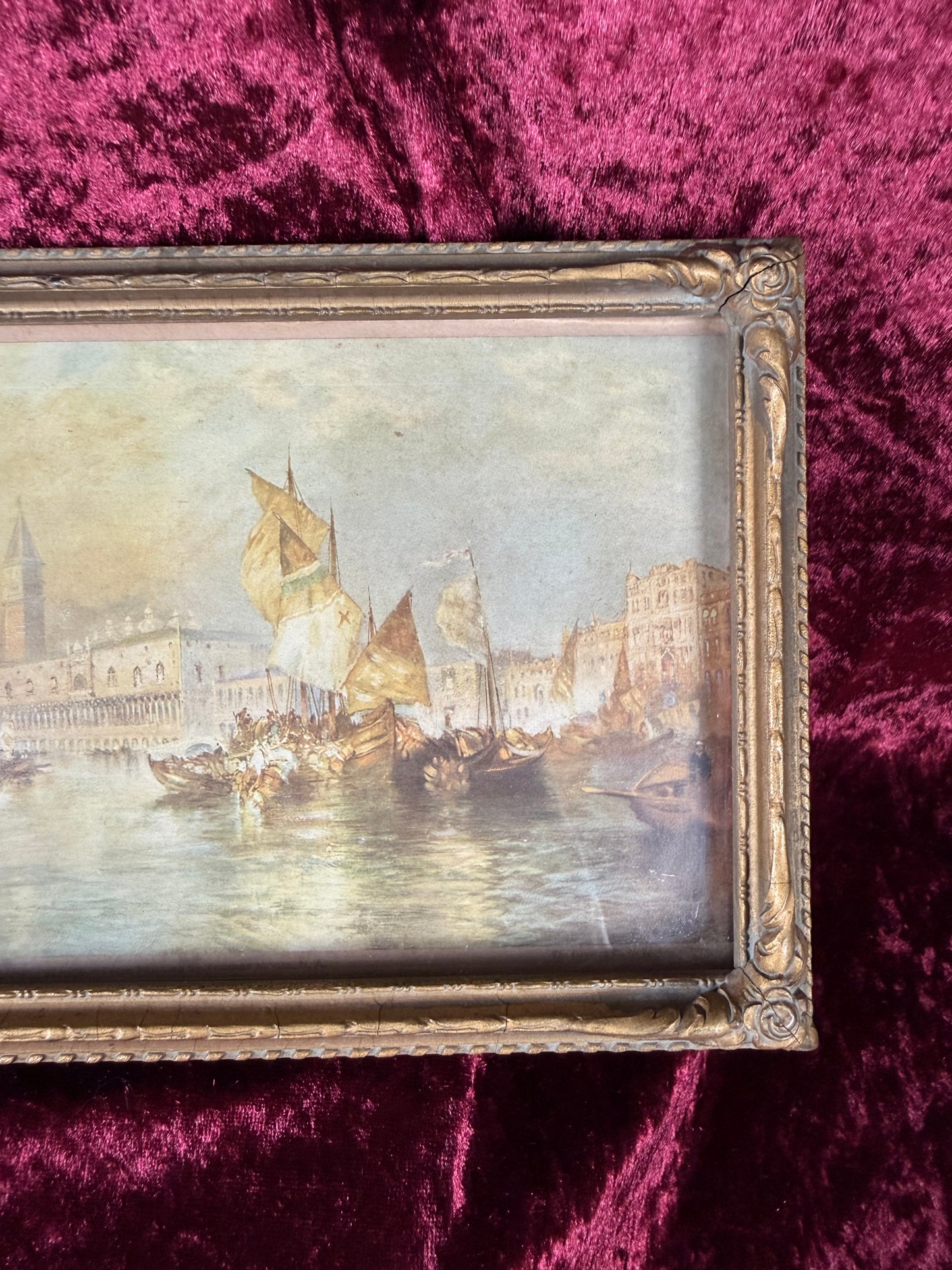 Antique Framed Chromolithograph Wall Art - Sunset On The Grand Canal, Venice by Thomas Moran - 1906 by J.W. Crane