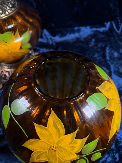 Vintage Amber Glass Parlor Lamp – Hand Painted Yellow Flowers Double Globe Hurricane Style