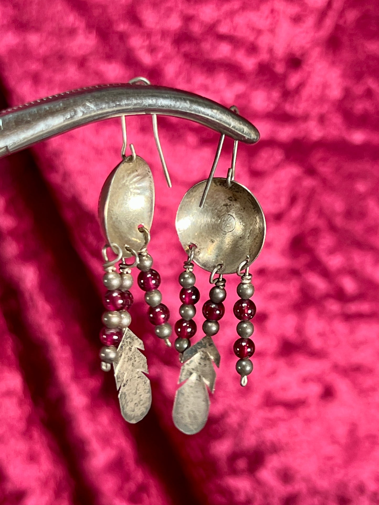 Vintage Jewelry - Dangle / Drop Earrings - Sterling Silver - Conchos with Red Beads and Feathers