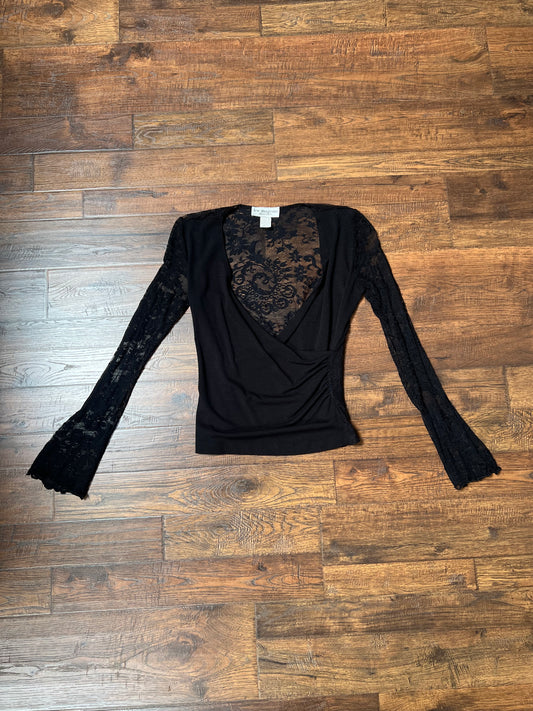 Vintage Clothing - Long Sleeve Wrap Shirt - See Through Lace Back - Black - Lew Magram Collection - Small