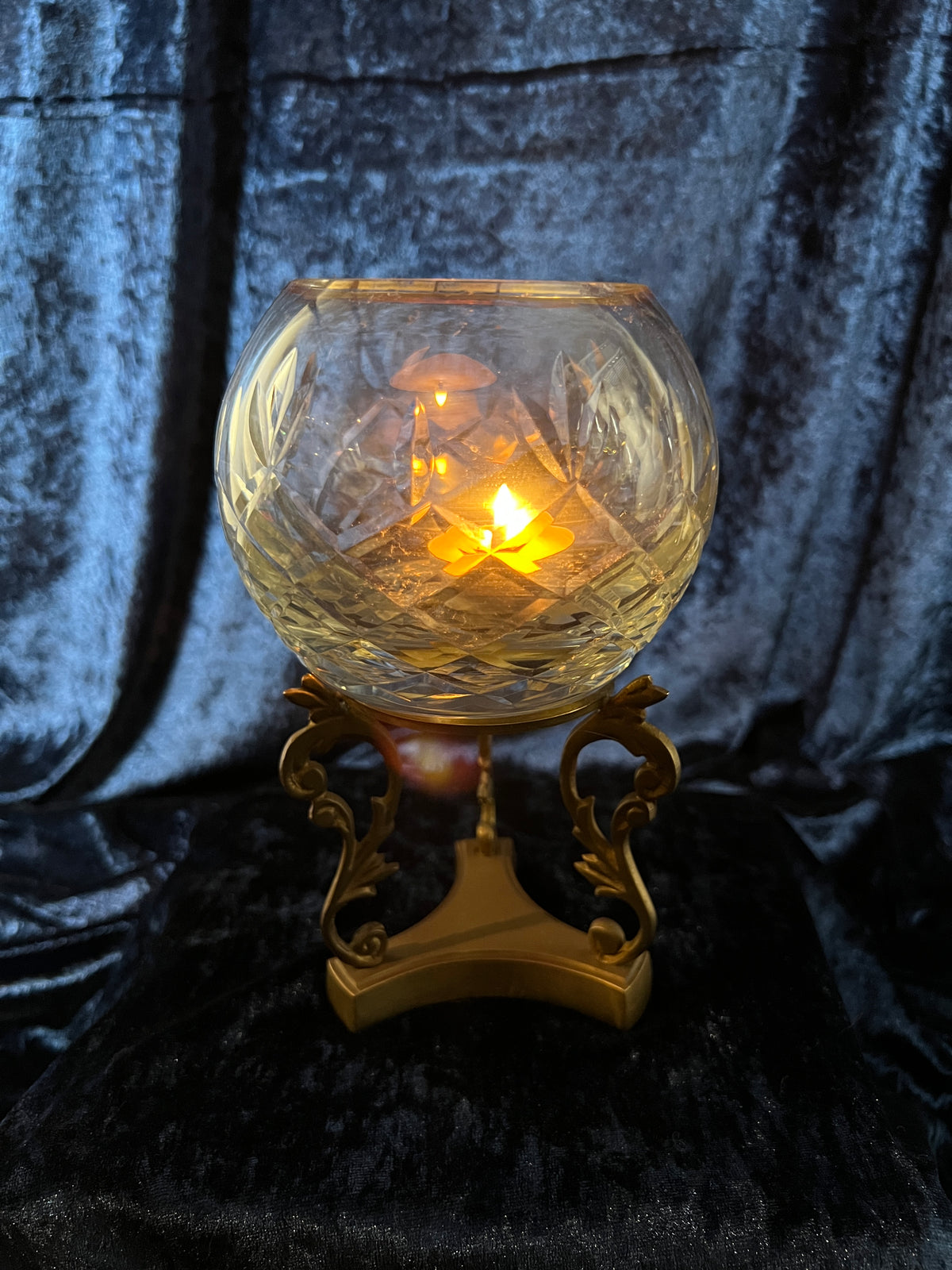 Vintage Cut Crystal Candle Holder - Rose Globe on Ornate Brass Pedestal Stand