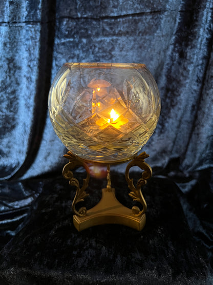 Vintage Cut Crystal Candle Holder - Rose Globe on Ornate Brass Pedestal Stand