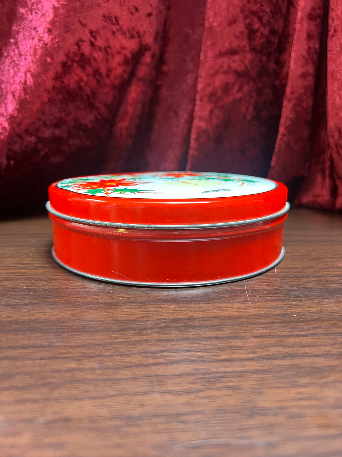 Vintage Christmas - Metal Storage Tin - Mantle Candlestick and Poinsettias