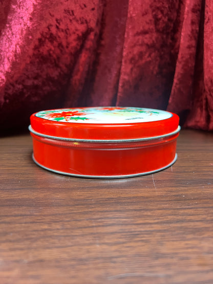 Vintage Christmas - Metal Storage Tin - Mantle Candlestick and Poinsettias