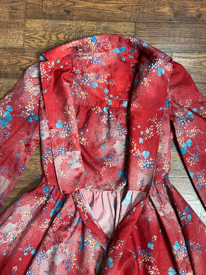 Vintage Clothing - Long Sleeve Fit and Flare Shirt Dress - Mid Century Floral Pattern on Red - Medium