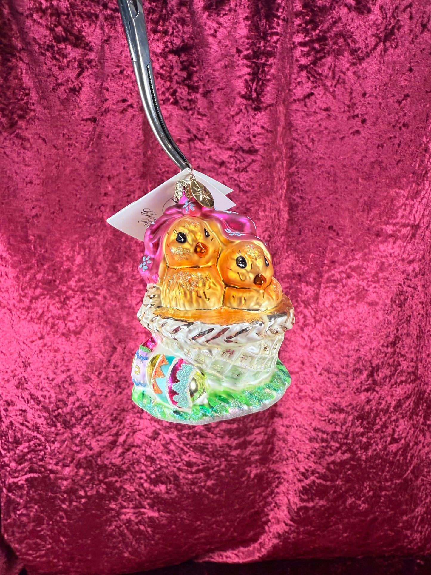 Vintage Christmas - Handblown Glass Ornament - Spring Chicks In Easter Basket - Christopher Radko - 2001