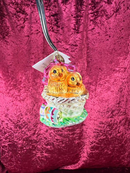 Vintage Christmas - Handblown Glass Ornament - Spring Chicks In Easter Basket - Christopher Radko - 2001