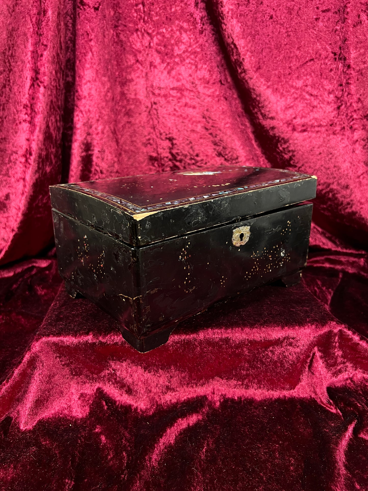 Vintage Black Lacquer Jewelry Box - Mother of Pearl Painted Peacock Vanity Chest