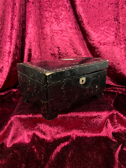 Vintage Black Lacquer Jewelry Box - Mother of Pearl Painted Peacock Vanity Chest