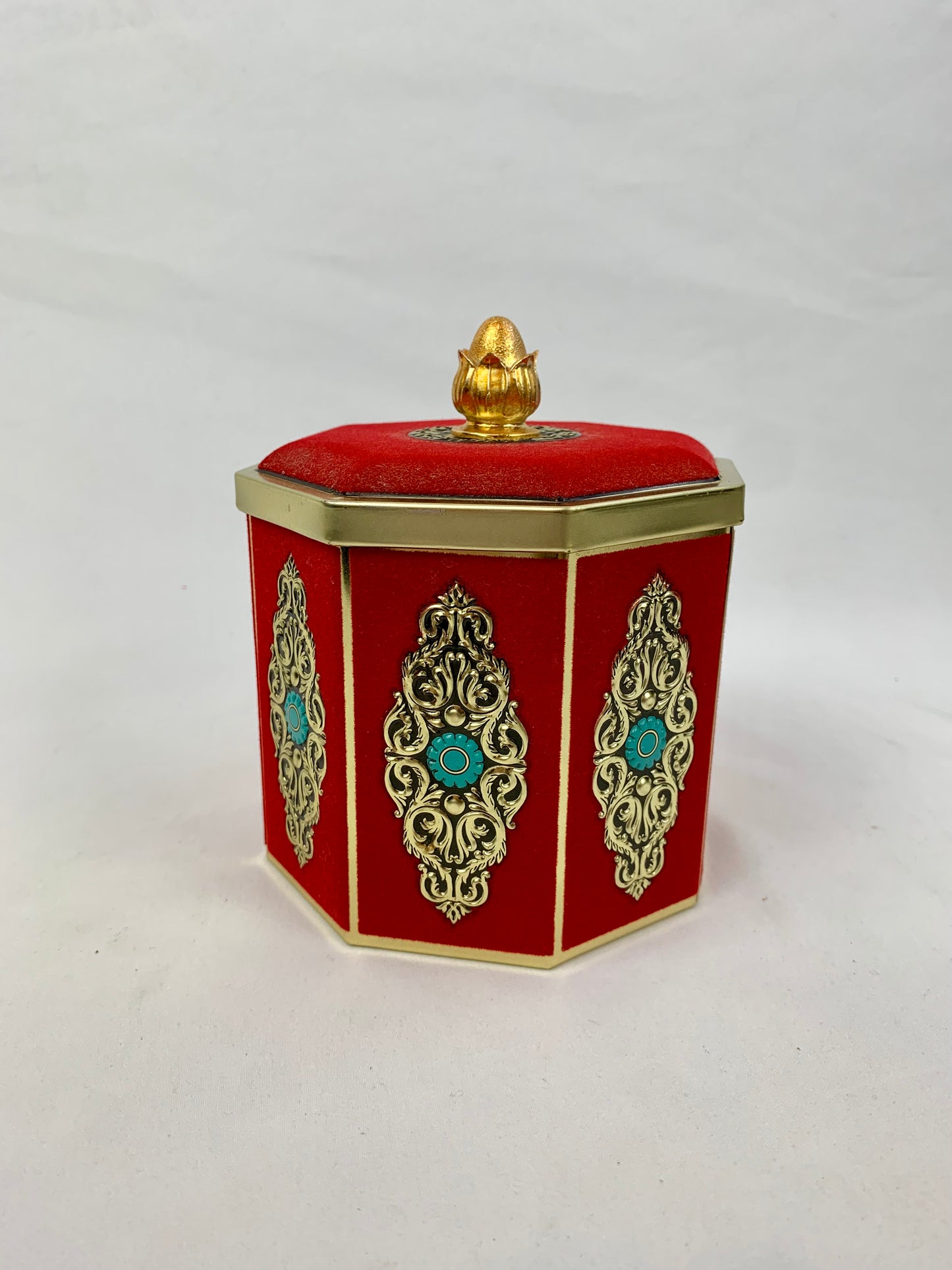 Vintage Blue Bird Confectionery Dark Academia Red Velvet Octagonal Tin - Gold and Turquoise Accents