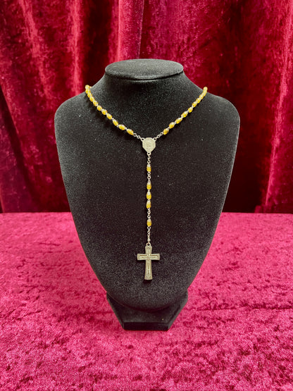 Vintage Jewelry - Rosary Beads - Clear Amber Beads - Brass Tone Cross - 14"