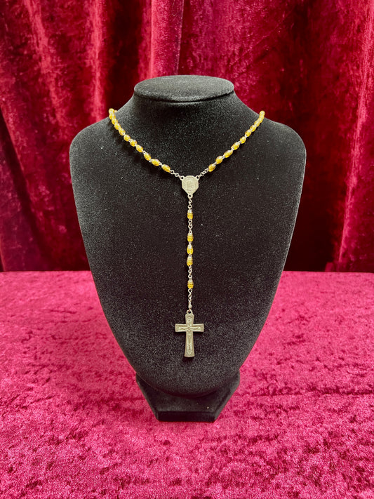 Vintage Jewelry - Rosary Beads - Clear Amber Beads - Brass Tone Cross - 14"