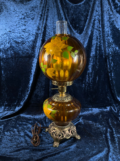 Vintage Amber Glass Parlor Lamp – Hand Painted Yellow Flowers Double Globe Hurricane Style