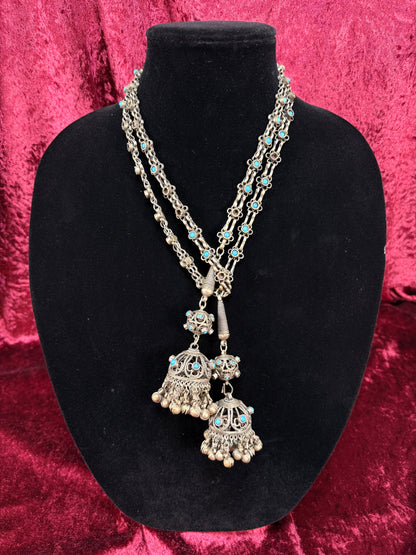 Vintage Tribal Statement Necklace – Turquoise Accent Jhumka Tassel Adornment