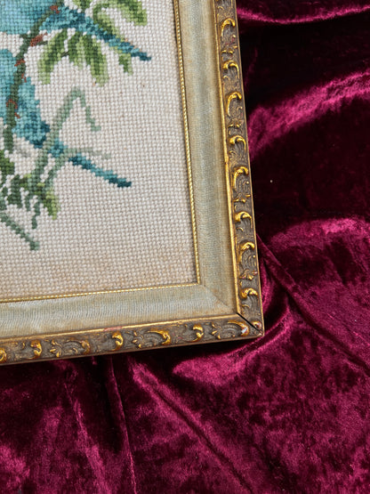 Vintage Framed Needlepoint Wall Art – Blue Parakeet Birds On A Branch