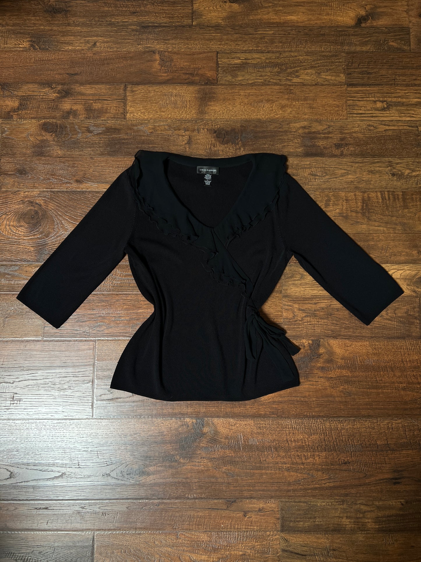 Vintage Cable & Gauge Knit Blouse - Black Ruffle Trim Wrap - Size Large