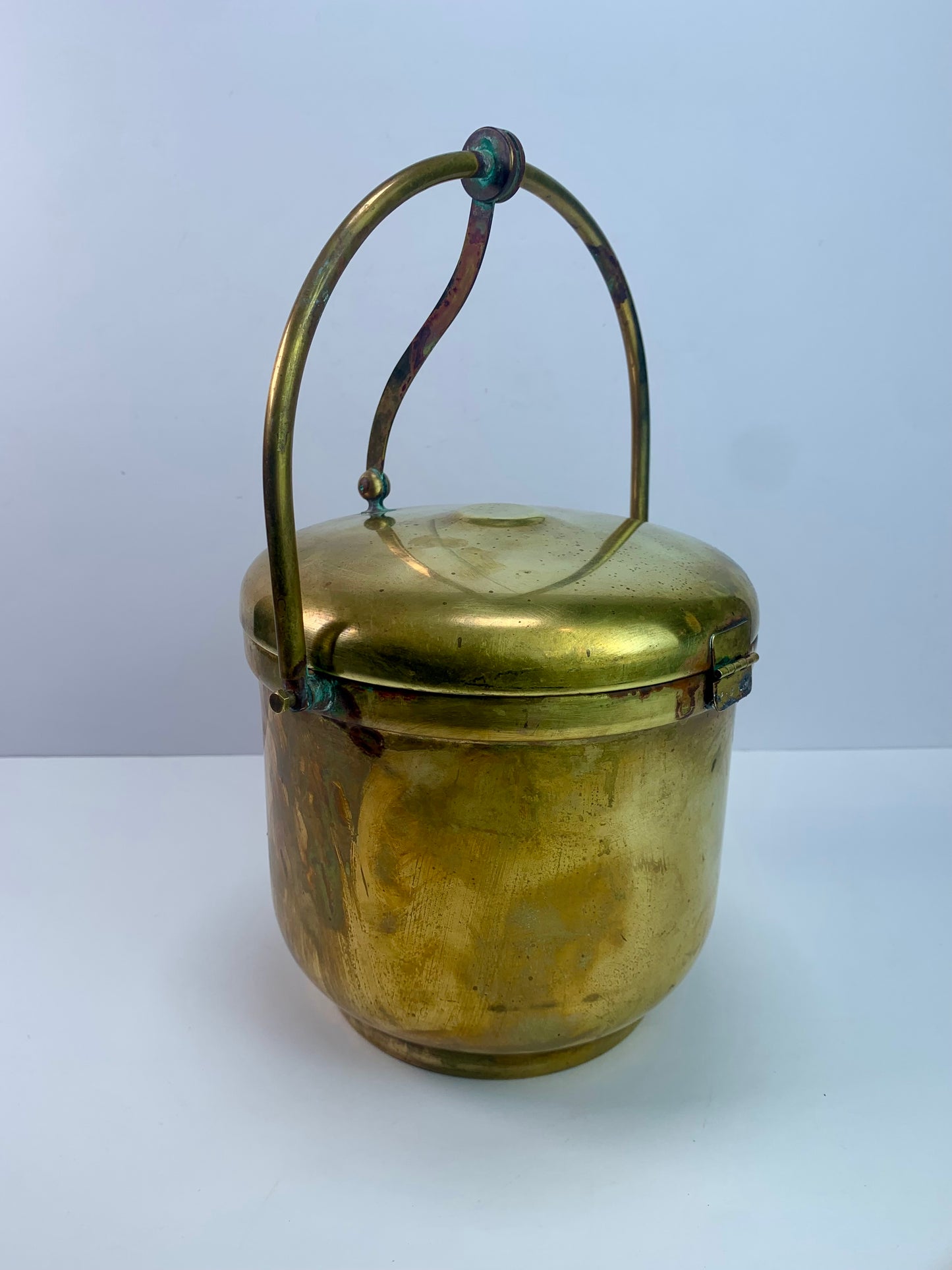 Vintage Barware - Solid Brass Ice Bucket - Hinged Lid - Porcelain Inner - 1920s