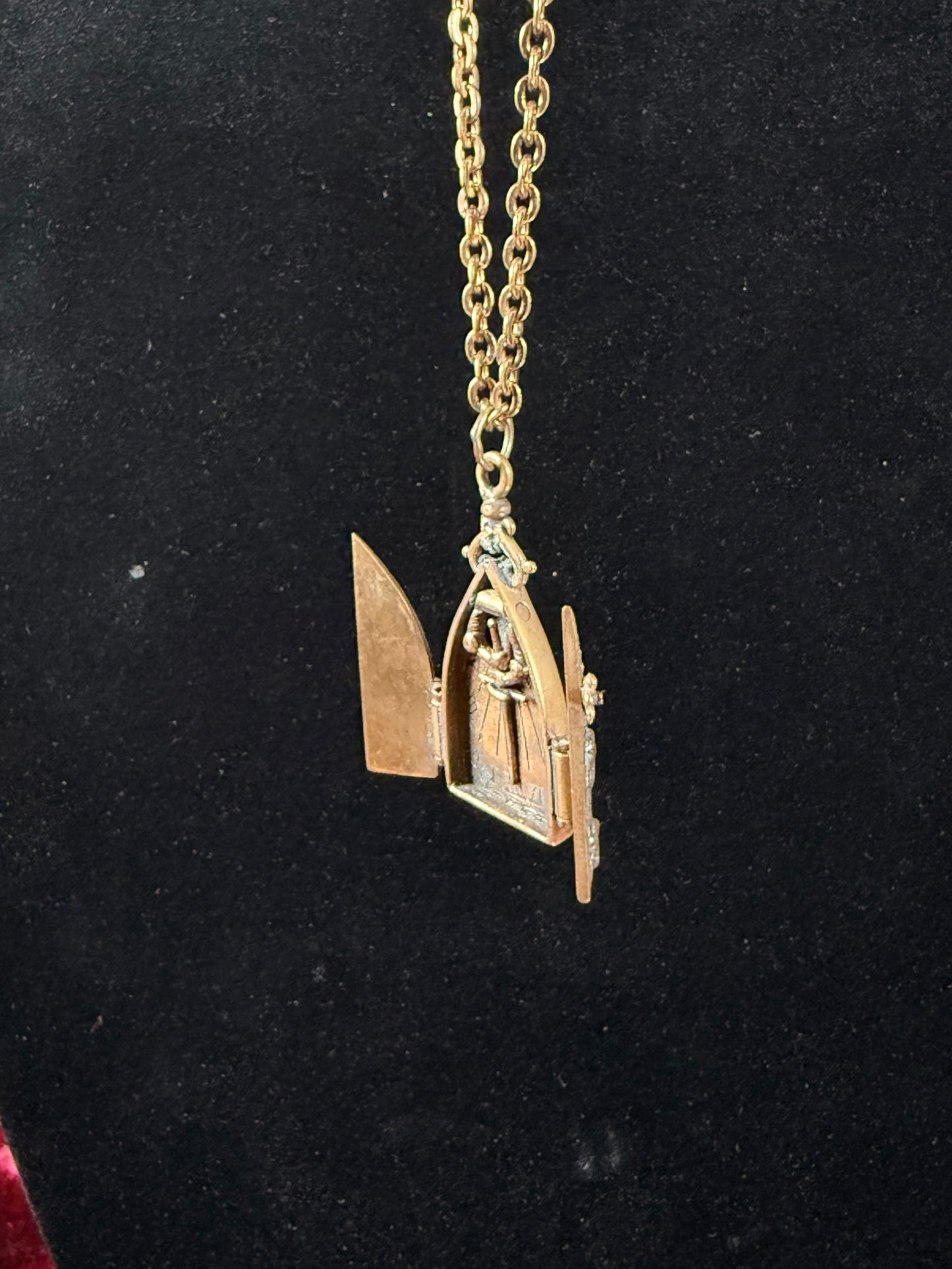 Vintage Jewelry - Brass Gothic Locket - Hinged Doors with Sword Against Time