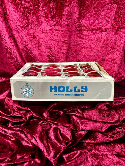 Vintage Christmas - Glass Ornament Set of 12 - Solid Red - Holly - Made In USA