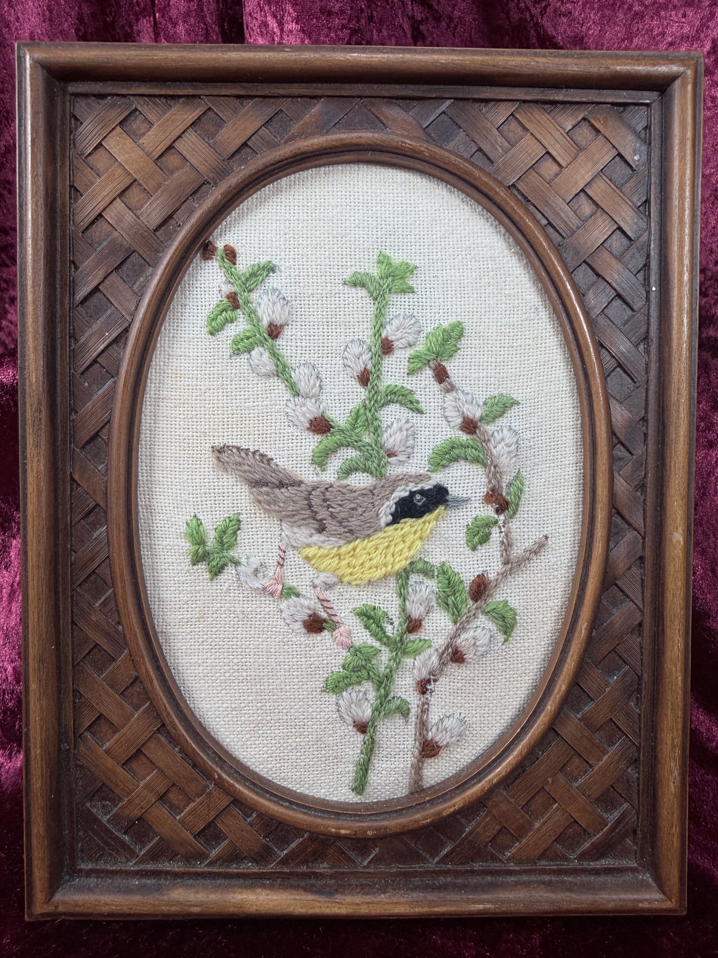 Vintage Woven Wood Framed Crewel Embroidery - Chickadee Bird Botanical Textile Art