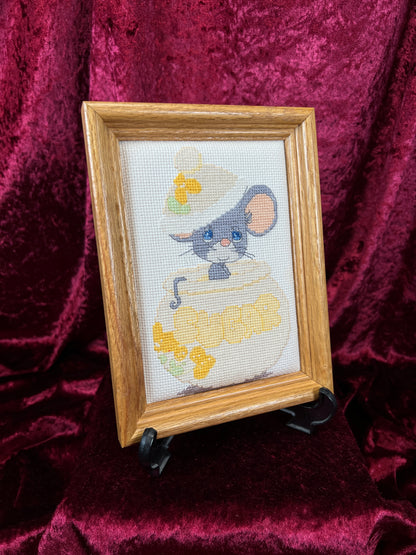 Vintage Needlepoint Wall Art - Mouse in Sugar Jar Framed Cross Stitch