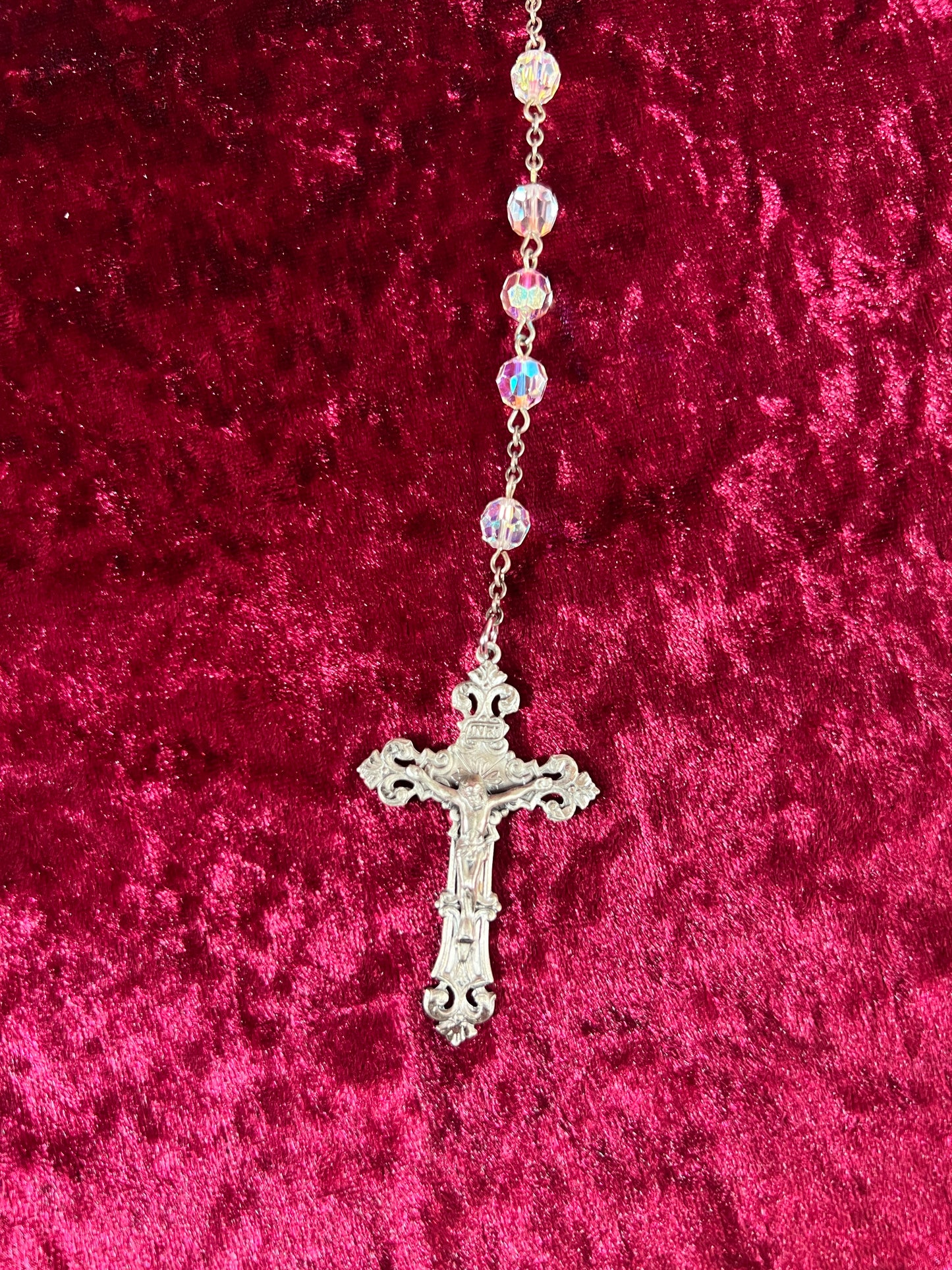 Vintage Jewelry - Italian Rosary - Sterling Silver - Aurora Borealis Faceted Beads - 20.25”