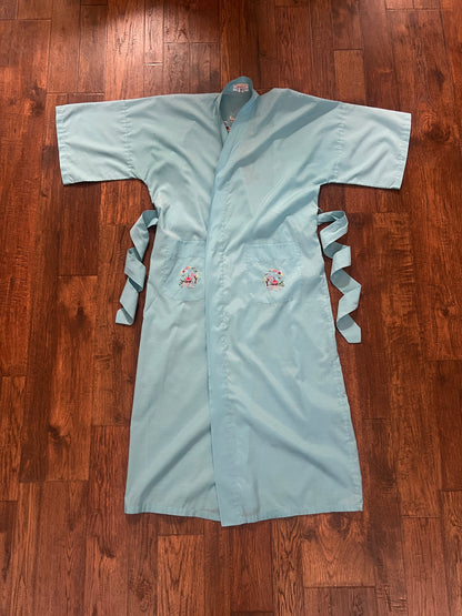 Vintage Jodie Arden Kimono Robe – Blue Embroidered Pagoda Asian Motif