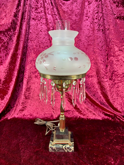 Antique Marble and Brass Sinumbra Style Hurricane Lamp – Frosted Glass Shade with Crystal Prisms