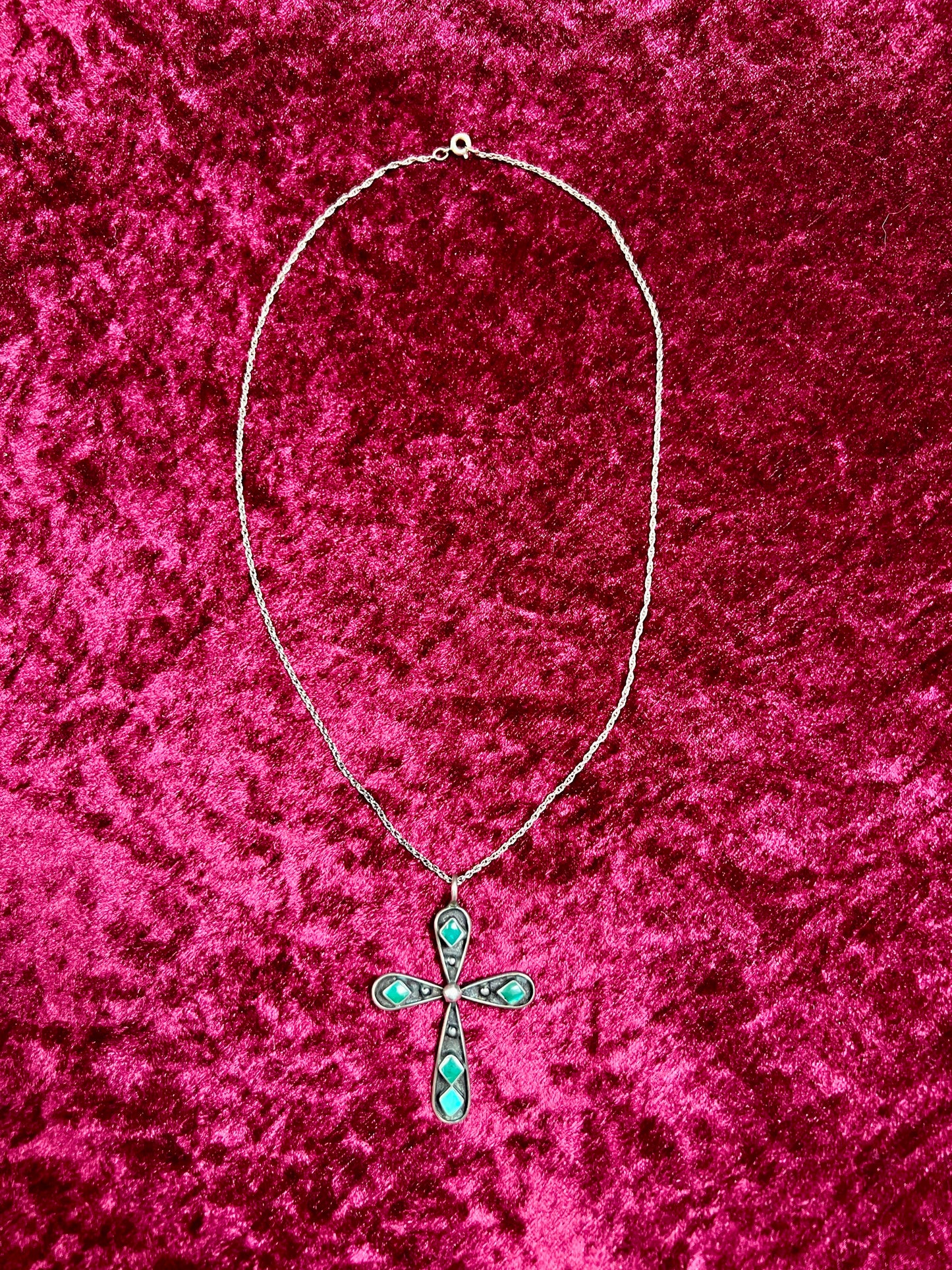 Vintage Jewelry - Pendant Necklace - Sterling Silver - Zuni Turquoise Cross