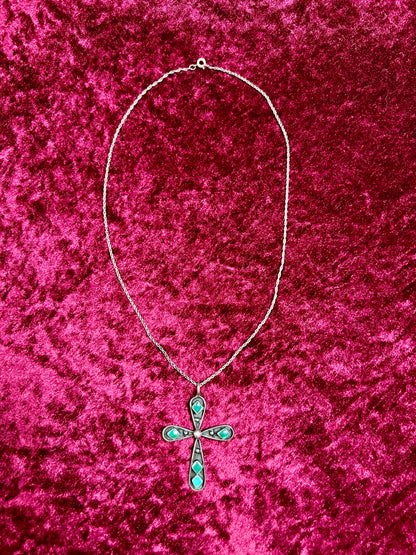 Vintage Jewelry - Pendant Necklace - Sterling Silver - Zuni Turquoise Cross