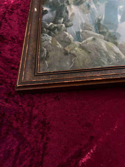 Vintage Framed Landscape Lithograph - Moonlit Coastal Scene Atkinson Fox Style