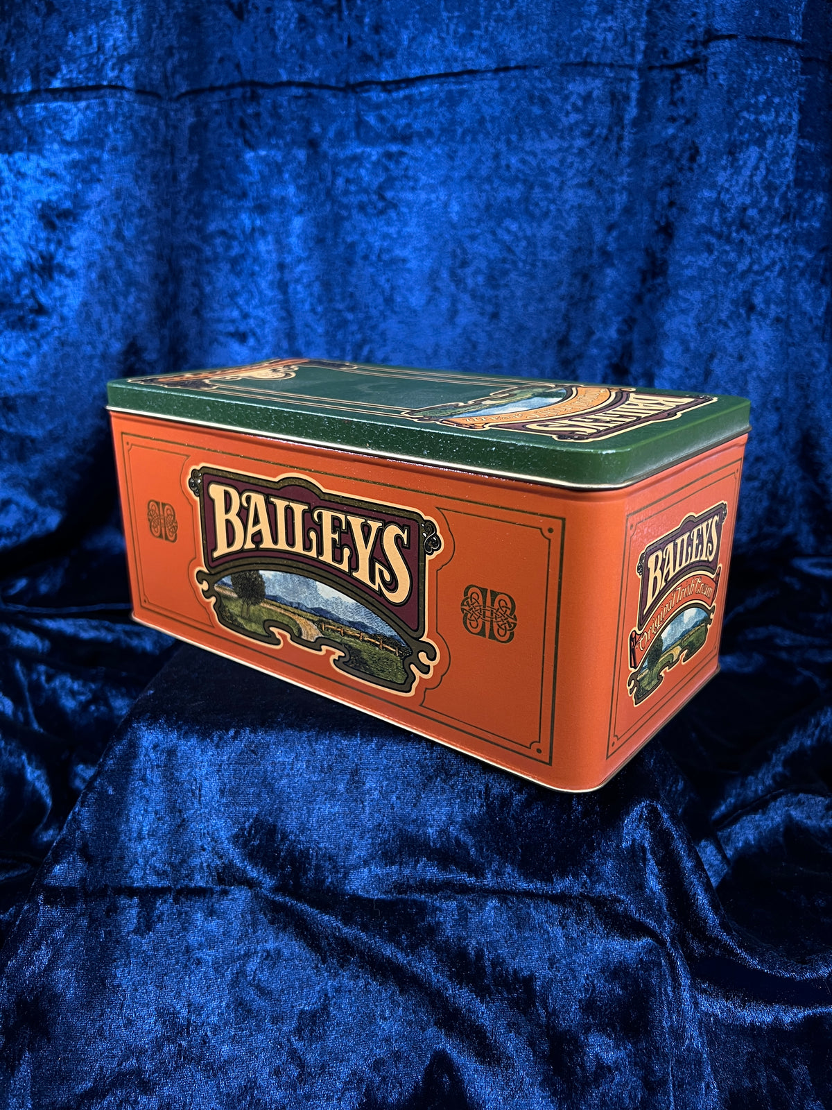 Vintage Baileys Irish Cream Metal Tin - Green Orange Hinged Advertising Box