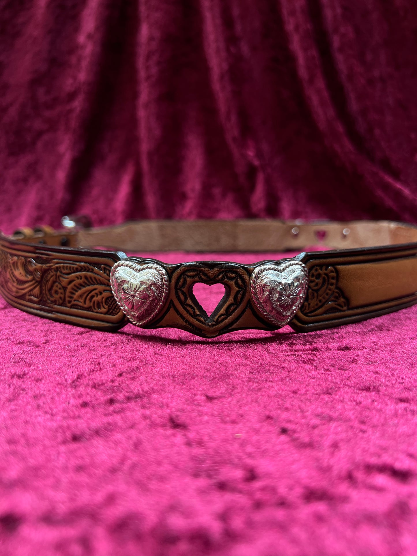 Vintage Nocona Leather Western Belt - Tooled Heart Cutout Silver Concho Belt USA Made - 34-37.75"