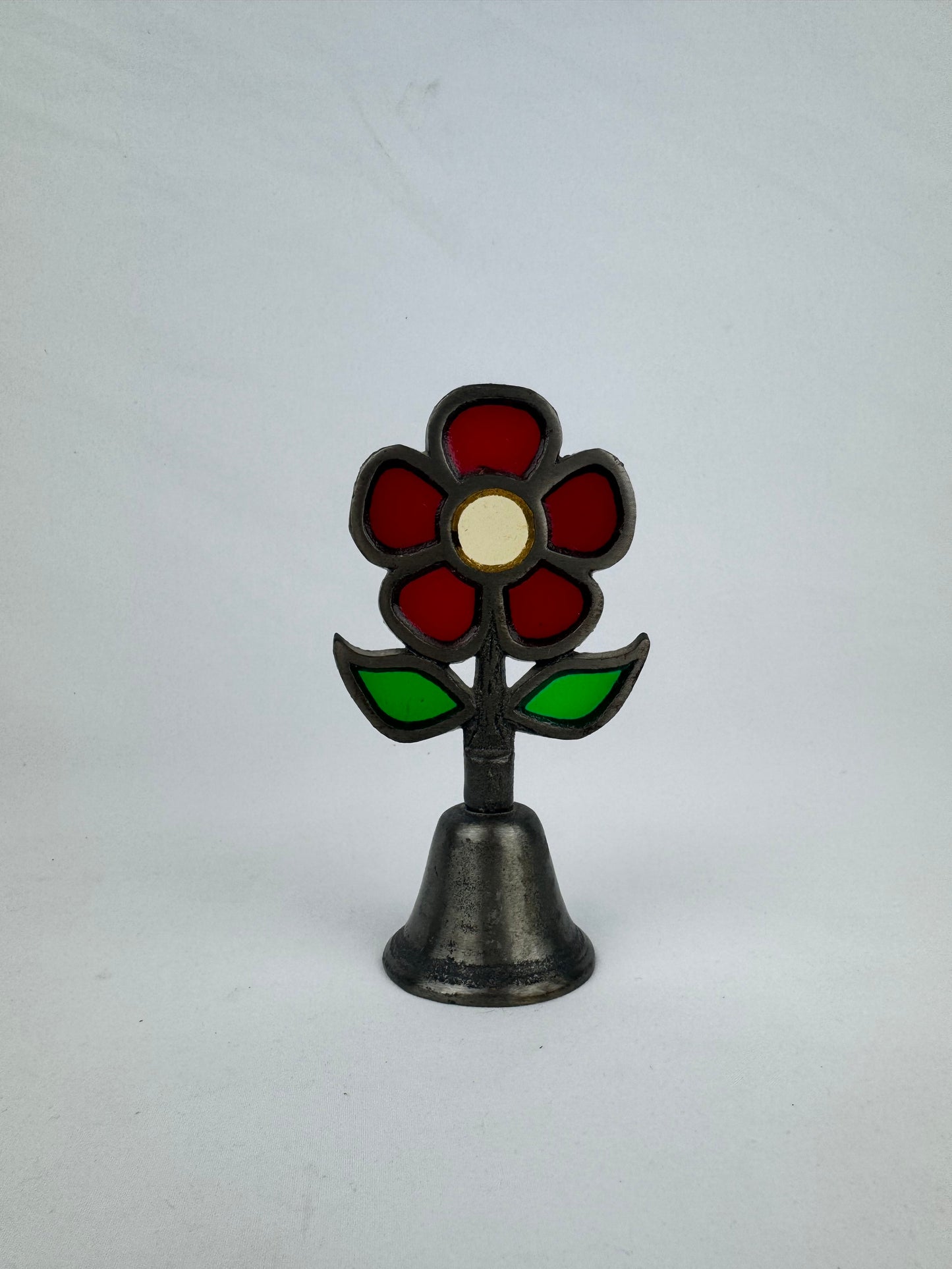 Vintage Metal Red Stained Glass Resin Flower Bell - Made In Japan