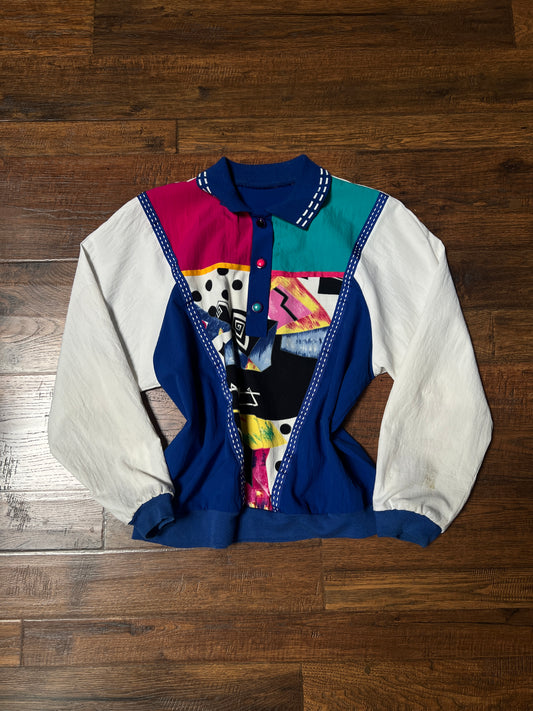Vintage 1980s Colorblock Pullover – Abstract Memphis Print Polo Collar – Medium