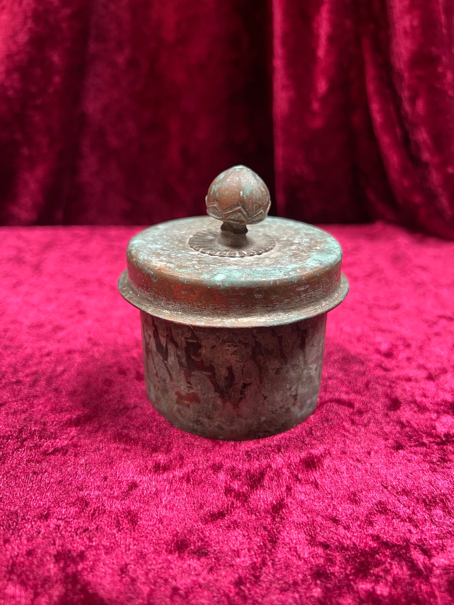 Vintage Oddities - Antique Copper Lidded Vessel with Iron Wood Hook