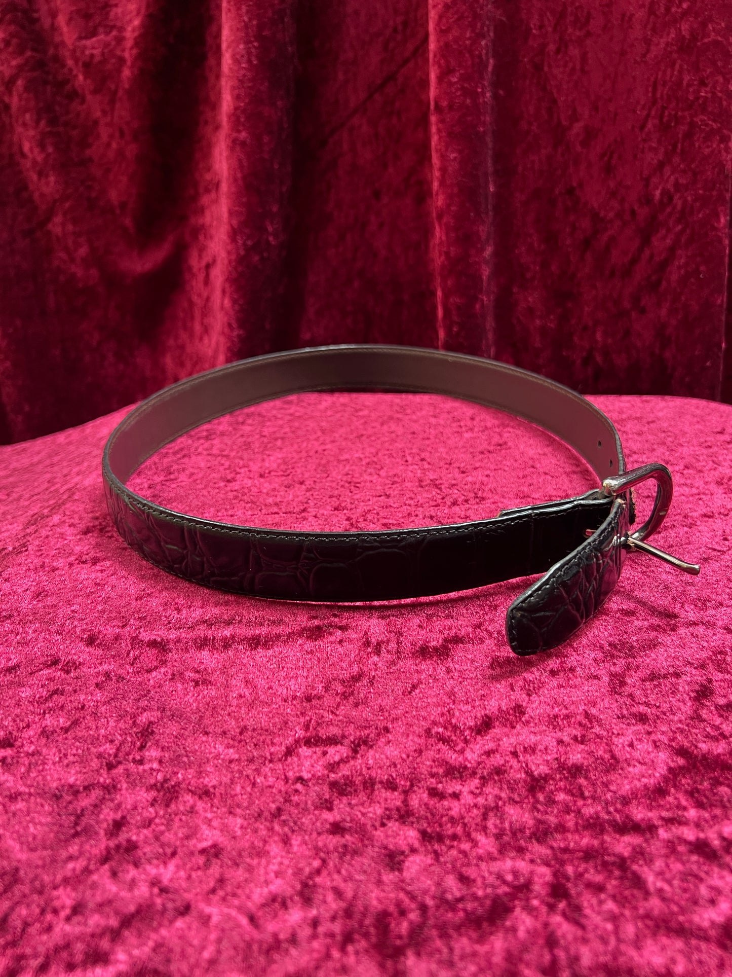 Vintage Leather Belt – Black Alligator Embossed with Silver Buckle - Size 30